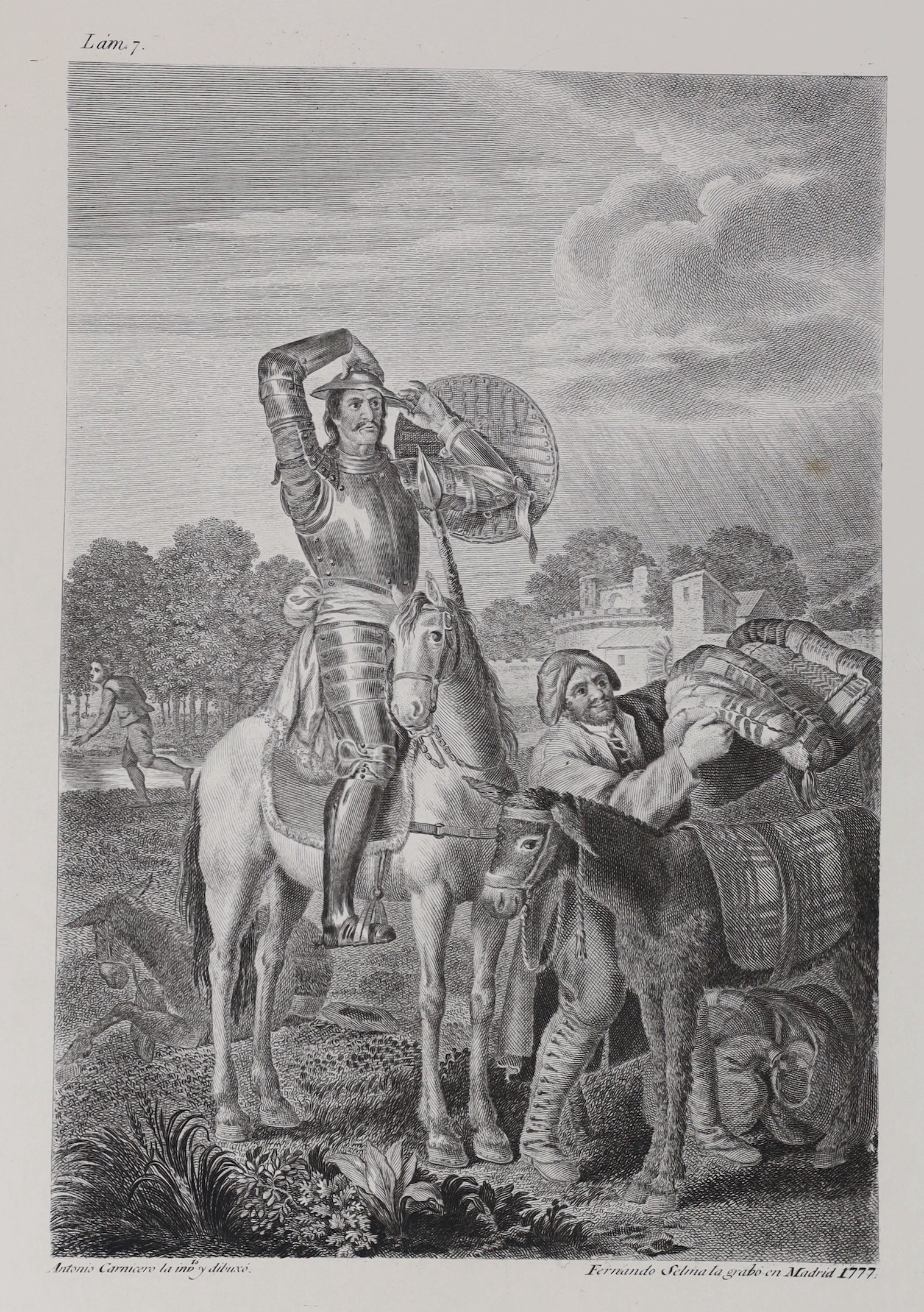 Cervantes Saavedra, Miguel de - Don Quixote de La Mancha, 3 vols, 4to, red morocco gilt, extremities rubbed, watered silk covered end-papers, 41 engraved copper plates from the 1780 edition. En La Imprenta Nacional, Madr